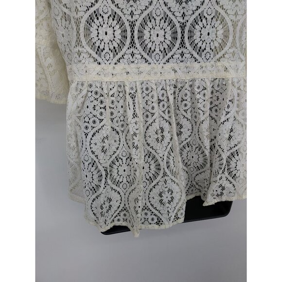 Chicos Sheer Lace Peplum Top Size M Zip Up Bell Sleeve Floral Feminine Romantic - Picture 6 of 11